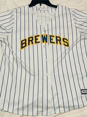 Brewers Women’s Pinstripe Button-Up Jersey Size 2XL button down official logo